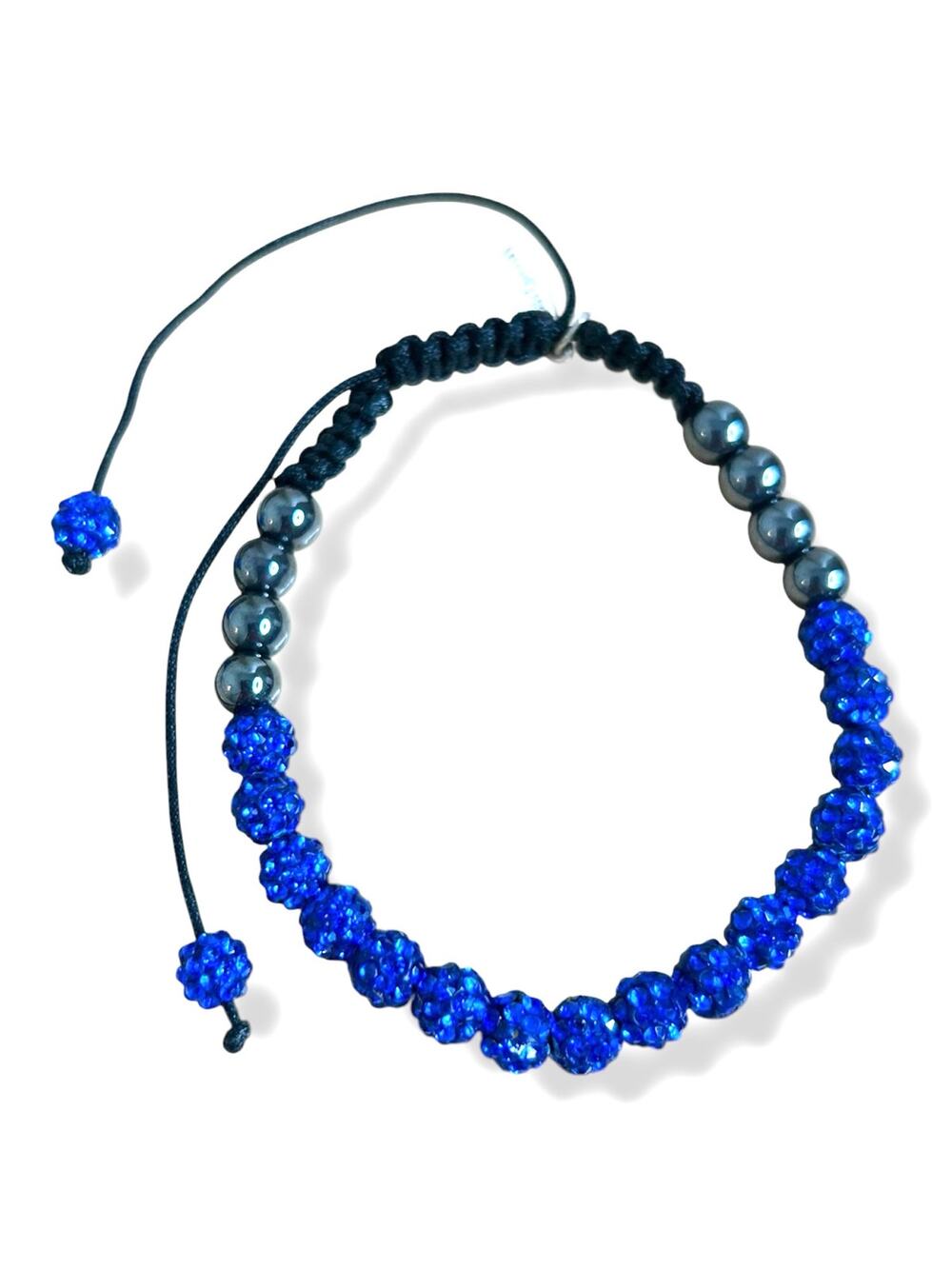 Bergman Shamballa Bracelet Blue Pave Crystal Hematite Macrame Sliding Clasp